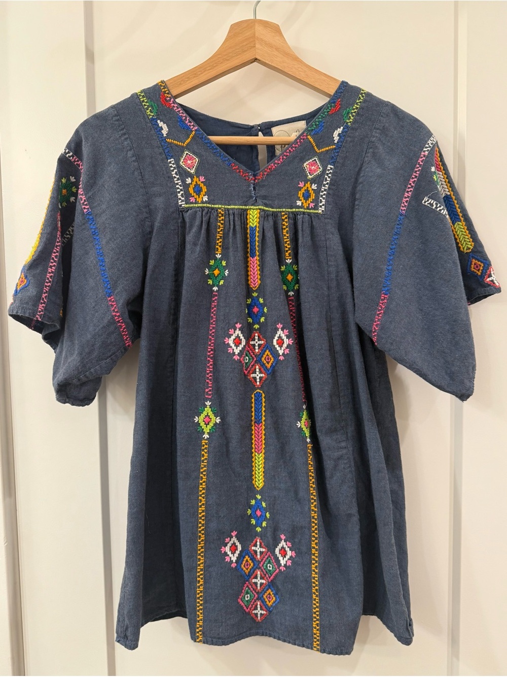 Peek Blue Embroidered Peasant Top with Multicolor Accents - Youth Size L